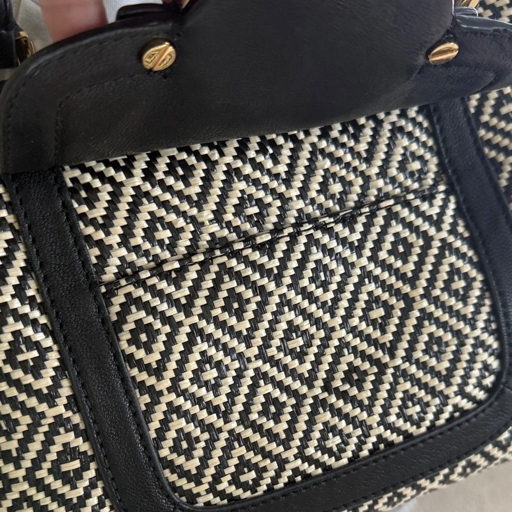 Tory Burch Amanda in Raffia Black and Cream Satchel